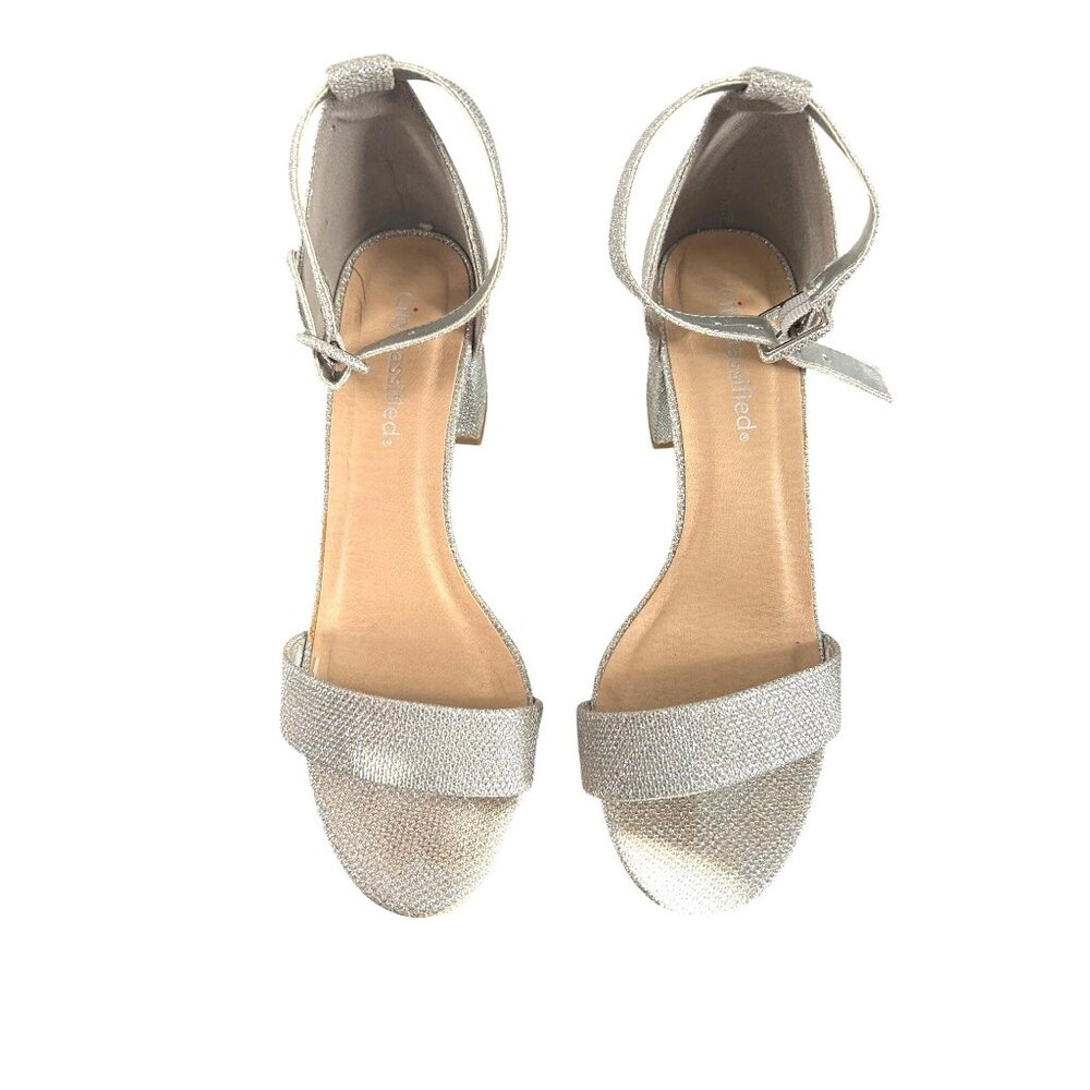 Silver Glitter Block Heel Sandals With Adjustable Ankle Strap & Open Toe Design